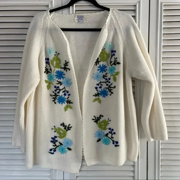 Sears Sweaters - Vintage crocheted cardigan with floral embroidery....